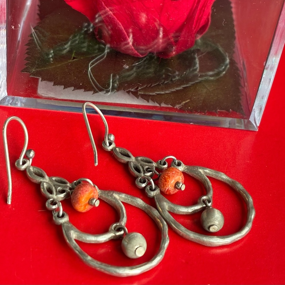 925 Silver Earrings,Artisan Orange Bead Drop Earrings with Antique-Finish Metal